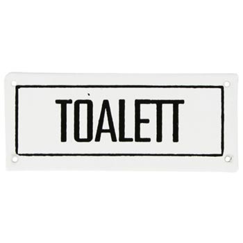 Plåtskylt i retrostil - med texten "Toalett". Ur Ginzas utbud av retroprylar.